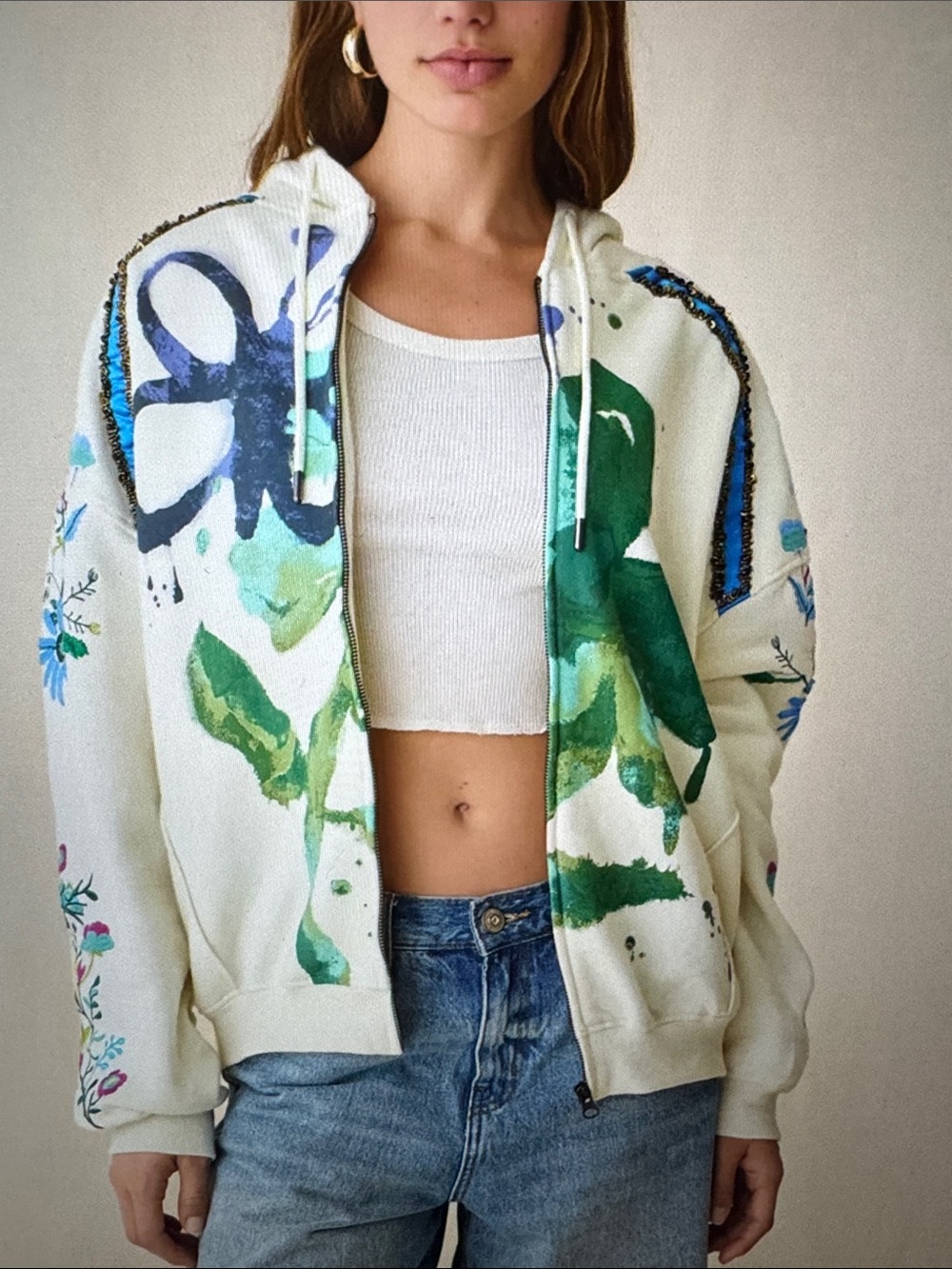 Urban Outfitters White Hoodie with Green & Blue Floral Print
